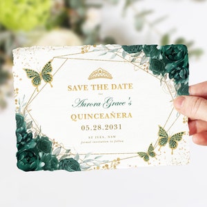 Smaragdgrün Quinceañera Save the Date Vorlage Smaragd Gold Floral Schmetterlinge Mis Quince 15 Anos Geburtstag EDITIERBARE Sofortiger Download FLO17