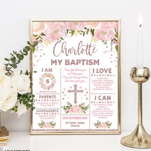 EDITABLE Rose Gold Floral Baptism Chalkboard Sign, Blush Flowers Christening Milestone Template, Feminine Baby Girl Digital Download, FLO18F