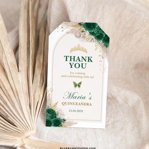 Bearbeitbare Quinceanera Favor Tag Smaragd Grün Floral Mis Quince 15 Anos Corjl Vorlage Geschenkanhänger 15. Geburtstag Schmetterling Download FLO14