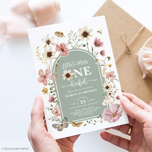 Little Miss ONEderful 1st Birthday Invitation Sage Green Pink Boho Wildflower Garden Party Invite Muted Blush EDITABLE TEMPLATE FLO32