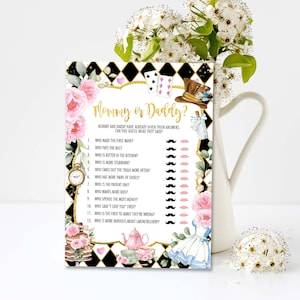 Mama of papa, spel Alice in Wonderland baby shower spel, aquarel bloemen Mad Hatter Tea Party afdrukbaar spel, Instant Download, AL3