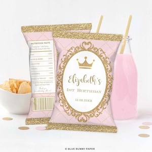 Editable Princess Chip Bag Template, Pink Gold Royal Crown Birthday Party Favors, Watercolor Blush Floral Printable INSTANT DOWNLOAD, PG2