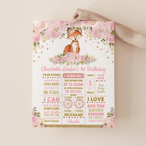 Blumen Fuchs Geburtstag Meilenstein Poster Blush Pink Blume Waldtier 1. Geburtstag Dekoration Waldfreund EDITIERBARE VORLAGE, FLO18G-FOX