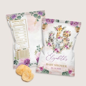 Editable Jungle Chip Bag, Boho Safari Baby Shower Favors, Wild One 1st Birthday, Purple Blush Floral Printable INSTANT DOWNLOAD, SAF7