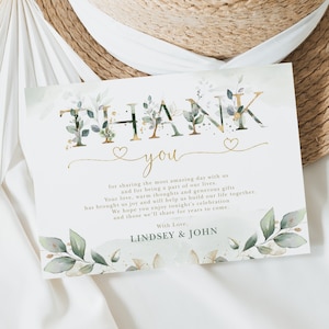 Salbei Grün Hochzeit Dankeschön Karte, Grün Hochzeit Gastgeschenke, Elegant Blatt Eukalyptus Dankeschön EDITIERBARE VORLAGE, BOT12