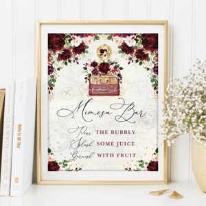 Mimosa Bar Schild Vintage Reise Braut Shower Printable Mom-osa Bar Adventure Baby Shower Blush Bordeaux Gold Blumen Instant Download, TRA6