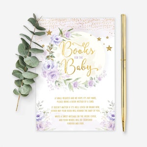 Mond-Baby-Dusche-Bücher für Baby-Karte, Lavendel Floral Twinkle Twinkle bringen ein Bucheinsatz, Mond & Sterne druckbarer SOFORTIGER DOWNLOAD, MOON13