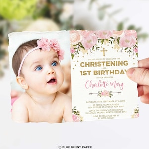 Blush Floral Baptism 1st Birthday Invitation, Pink Gold Christening Invite, Boho Watercolor Flower Girl Birthday EDITABLE TEMPLATE, FLO18A
