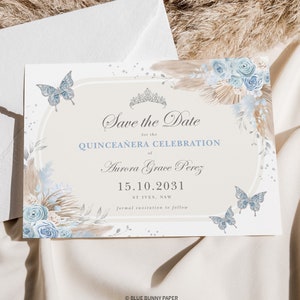 Boho Quinceañera Salva il modello data Blu Argento Floreale Farfalle Mis Quince 15 Anos Compleanno MODIFICABILE Download istantaneo FLO8