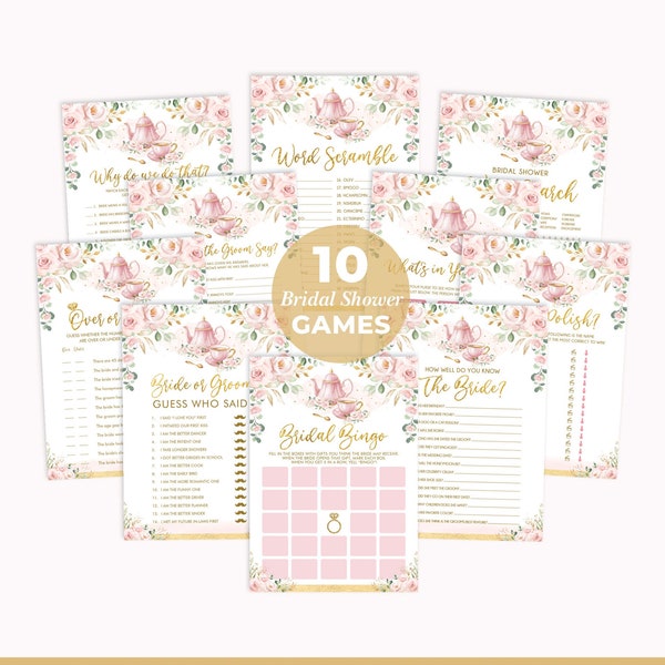 Bruidsdouche Tea Party Games-bundel, Love is Brewing Games-pakket, roze gouden bruidsbrunch afdrukbare games Instant Download, FLO40
