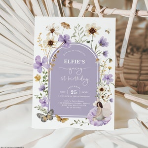 Bewerkbare Fairy Garden eerste verjaardagsuitnodiging sjabloon Pastel paarse bloemen Boho Wildflower prinses Corjl afdrukbare uitnodiging Download FA6