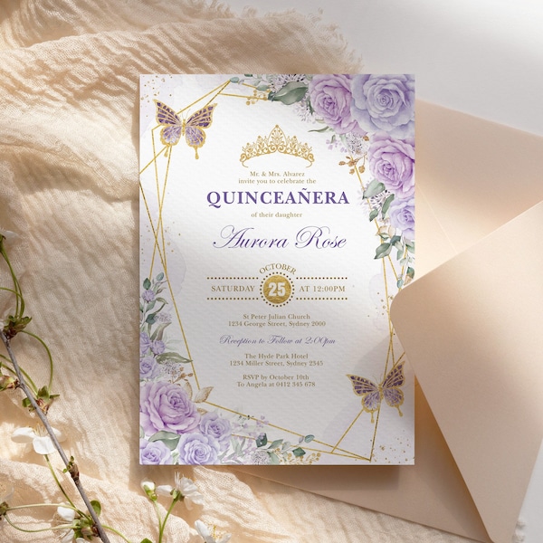 Purple Gold Quinceanera Invitation Template Lilac Lavender Floral Mis Quince 15 Anos Editable Birthday Invite Tiara Crown Butterflies FLO21