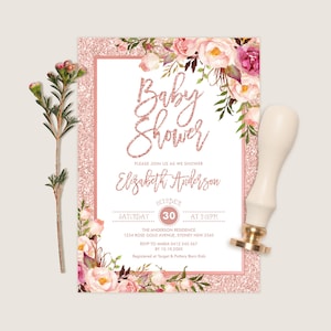 Rose Gold Baby Shower Invitation, Glam Blush Floral Printable Invite, Sparkly Faux Glitter Watercolor Roses Editable Template, FLO30