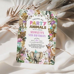 Editable Safari Birthday Invitation Party Animals Theme Cute Dressed Animals Pink Girly Text Corjl Template Jungle Kids Party Invite SAF14