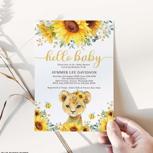 Invitación al baby shower del cachorro de león de girasol, invitación imprimible de animales de la selva floral de verano, descarga de PLANTILLA EDITABLE amarilla y dorada, LIO1
