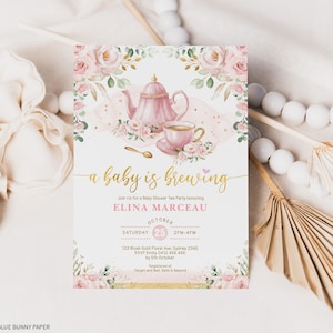 Baby Shower Tea Party Invitation, Baby is Brewing Baby Brunch Invite, Blush Pink Gold Floral Par-Tea Printable Editable Template, FLO40