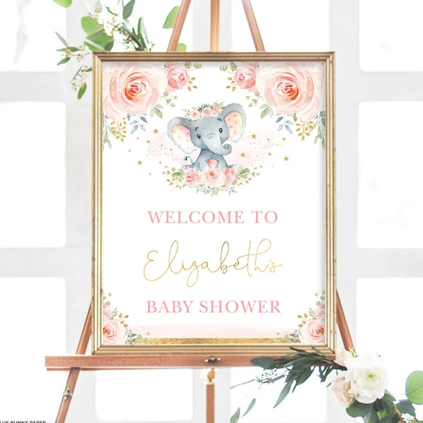 Editable Elephant Girl Welcome Sign, Pink Blush Floral Elephant Baby Shower Party Decorations, Wild One 1st Birthday Sign Template, EL20