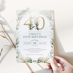 Grün Gold 40. Geburtstag Einladung, 40 und fabelhafte Party einladen, Botanischer Garten EDITIERBARE VORLAGE Printable Instant Download BOT12