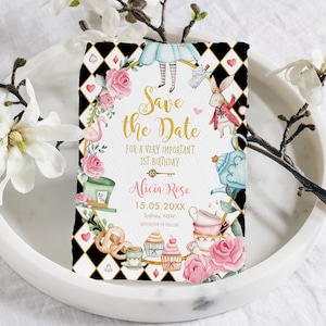 Alice in Wonderland Invitation, Tea Party Vintage White Gold