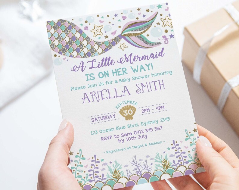 EDITABLE Mermaid Baby Shower Invitation Under the Sea Invite Magical Pool Party Printable Purple Mint Gold INSTANT DOWNLOAD