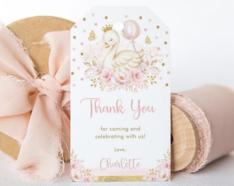 May include: Pink and gold thank you tag with a white swan holding a pink balloon. The tag has a floral design and the text "Thank You for coming and celebrating with us! Love, Charlotte".
