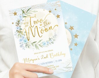 Two the Moon 2nd Birthday Invitation, Blue Gold Greenery Outer Space Party Invite, Twinkle Twinkle Little Star EDITABLE TEMPLATE, MOON11