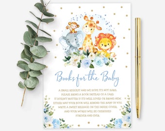 Jungle Books for Baby Card, Blue Gold Safari Baby Shower, Wild Animals Printable, Bring a Book Card, Blue Floral Instant Download JUN10