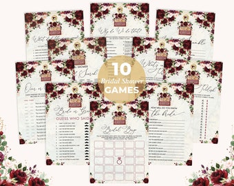 Vintage-resespelpaket för möhippa, spelpaket med vinröda blommor, utskrivbara spel för destinationsbröllop direktnedladdning, TRA6