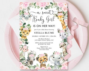 Girl Safari Baby Shower Invitation, Wild Jungle Animals Baby Girl Invite, Pink Floral Greenery Printable Download, EDITABLE TEMPLATE, JUN16