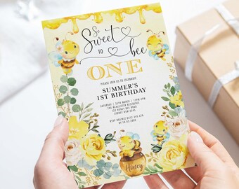 Editable Honey Bee 1st Birthday Invitation, Bumble Bee Party Invite, So Sweet To Bee One Honeycomb Bee-Day Printable Template Download, BEE1