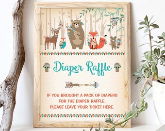 Tribal Woodland Diaper Raffle Sign, Foresy Animals Baby Shower Decoration, Wild One Baby Boy Printable Table Decor Download, TRI2