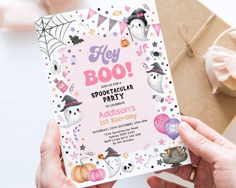 Halloween Girl Birthday Invitation Editable Template Pink Girly Happy Halloween Birthday Party Theme Spooky Ghost Pumpkin Corjl Invite HL1