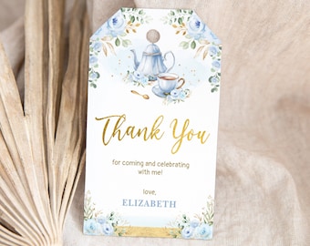 Blue Floral Tea Party Favor Tag, Boy Baby Shower Tea Thank You Tags, Birthday Par-tea EDITABLE TEMPLATE Instant Download Corjl FLO43