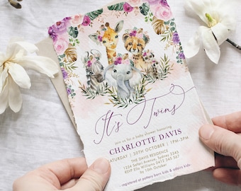 Jungle Twins Baby Shower Invite, Boho Safari Animals Twin Girls Invitation, Blush Purple Floral EDITABLE TEMPLATE Instant Download, SAF7