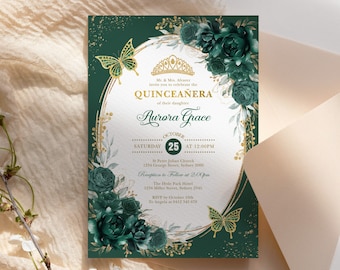 Smaragdgrüne Rosen Quinceañera Einladung, Kronprinzessin Mis Quince Anos 15. Geburtstag Edirable Vorlage Sweet 16 digitaler Download, FLO17