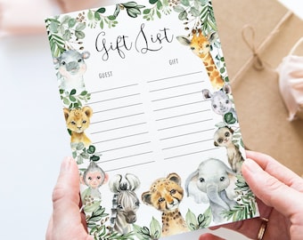 Jungle Gift List Printable Card, Safari Animals Baby Shower, Wild One 1st Birthday Gift Log, Rustic Greenery INSTANT DOWNLOAD, JUN13