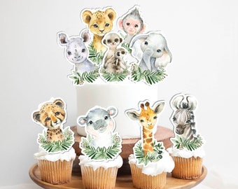 Animali del safari Toppers per torta Un compleanno selvaggio Giungla Baby Shower Bomboniere Verde tropicale Foglie Decorazioni per la tavola Centrotavola Scarica, JUN13