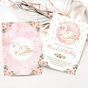 Swan Princess Birthday Invitation Template. EDITABLE Pink & Gold Floral Swan Party Printable Invite. Watercolor Blush Pink Flowers. SWAN1-A