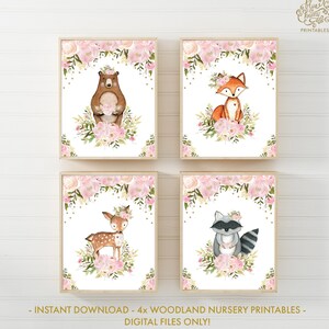 4 cartelli stampabili con animali del bosco floreali rosa. DOWNLOAD IMMEDIATO DIGITALE Decoro per vivaio forestale oro rosa cipria. 8x10 / 11x14 / 16x20 /FLO18G
