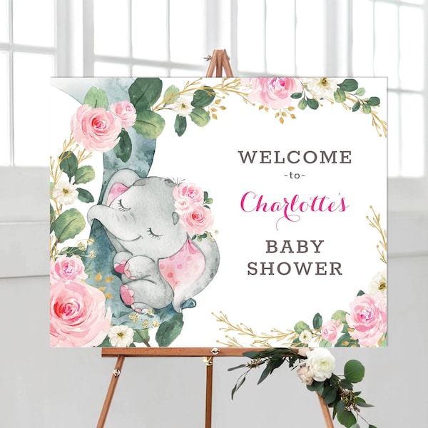 Cartel de bienvenida EDITABLE para Baby Shower de Elefante. Sprinkle de bebé de jungla floral de oro rosa. Decoraciones imprimibles con vegetación. Descargas digitales. EL10