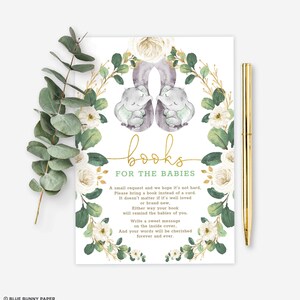 Zwillings-Elefant Baby-Dusche-Bücher für Baby-Karte, Grün bringen eine Buch-Karte, weiße Blumen Eukalyptus druckbare INSTANT DOWNLOAD, GR1B
