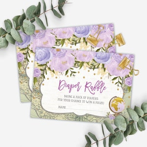 Lotteria per pannolini da viaggio alla lavanda stampabile, mappa vintage Baby Shower, floreale viola I luoghi in cui andrai Avventura Download istantaneo, TRA4