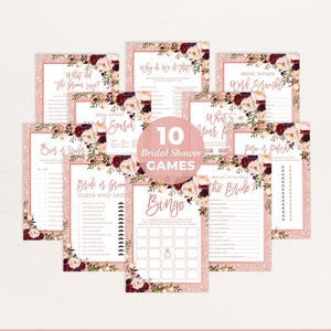 Bridal Shower Games Bundle, Rose Gold Wedding Shower Games Package, Glam Burgundy Blush Floral Printable Games Pack Instant Download, FLO37