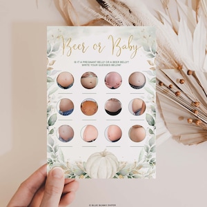 Beer Belly Baby Bump Fall Pumpkin Baby Shower Game Eucalyptus Greenery Pregnant or Beer Printable Game Instant Download, PUM4