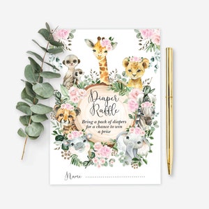 Girl Safari Diaper Raffle Printable, Jungle Animals Baby Shower, Blush Pink Flowers Wild Safari Printable Insert Instant Download, JUN16