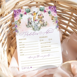 Predicciones y consejos Jungle Baby Shower, Consejos de Safari para padres, Descarga instantánea imprimible de juego de niña floral púrpura rosa, SAF7