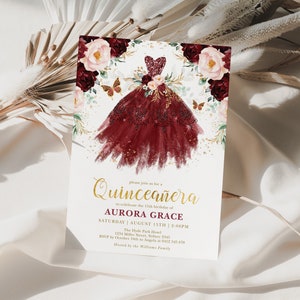 Burgundy Quinceañera Invite Blush Floral Sweet 16 Party Editable Invitation Mis Quince Princess Dress Butterflies Instant Download FLO24