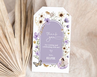 Editable Fairy Favor Tag Template Purple Fairy First 1st Birthday Editable Thank You Favors Enchanted Wildflower Fairy Lavender Download FA6