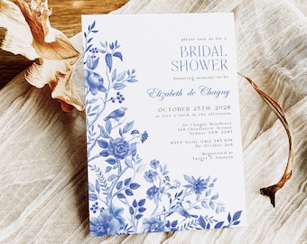 Blue Porcelain Bridal Shower Invitation Template, Delft Blue Floral Chinoiserie Bridal Brunch Bridesmaids Luncheon Printable Invite, BW1