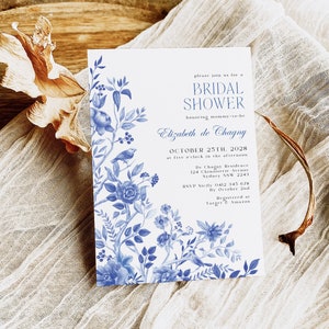 Blue Porcelain Bridal Shower Invitation Template, Delft Blue Floral Chinoiserie Bridal Brunch Bridesmaids Luncheon Printable Invite, BW1